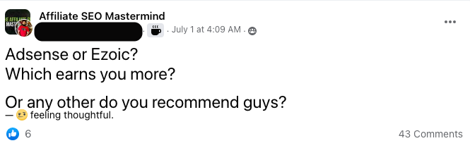 Ezoic vs Adsense discussed in a FB Group