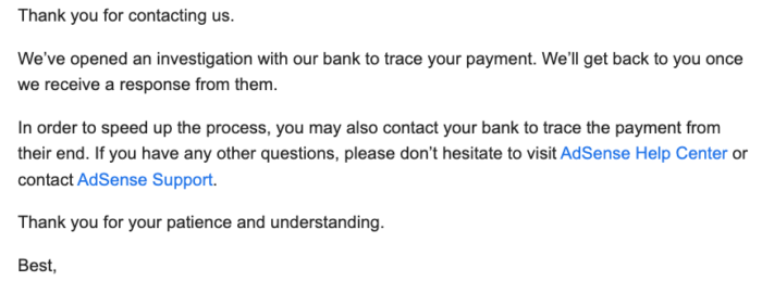 Response from Adsense