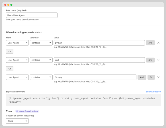 Block User Agents with CloudFlare Firewall Rules