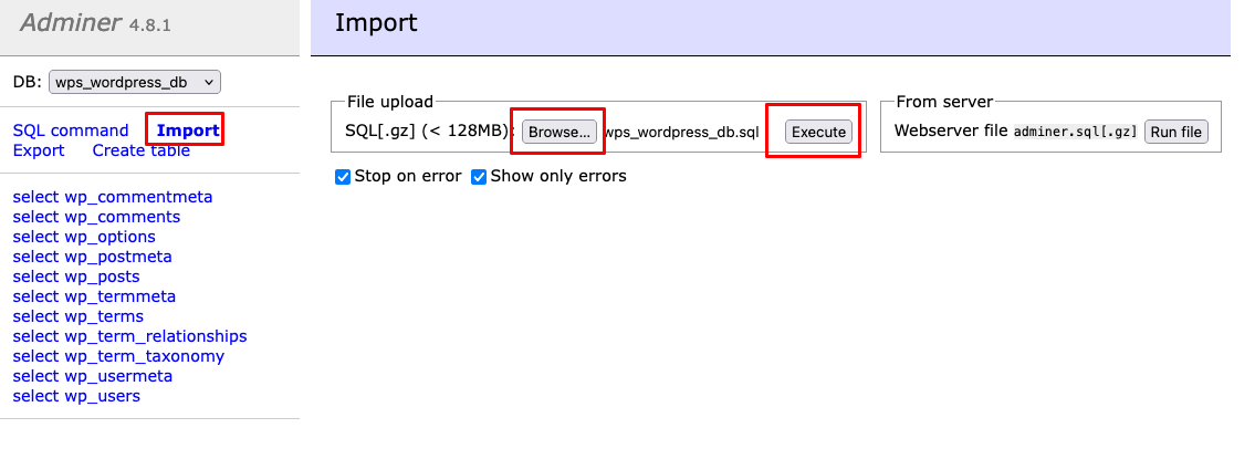 How to Import Database using Adminer